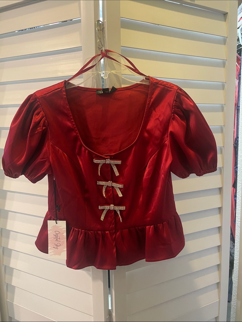 Red Satin Puff Sleeve Peplum Blouse with Rhinestone Bows